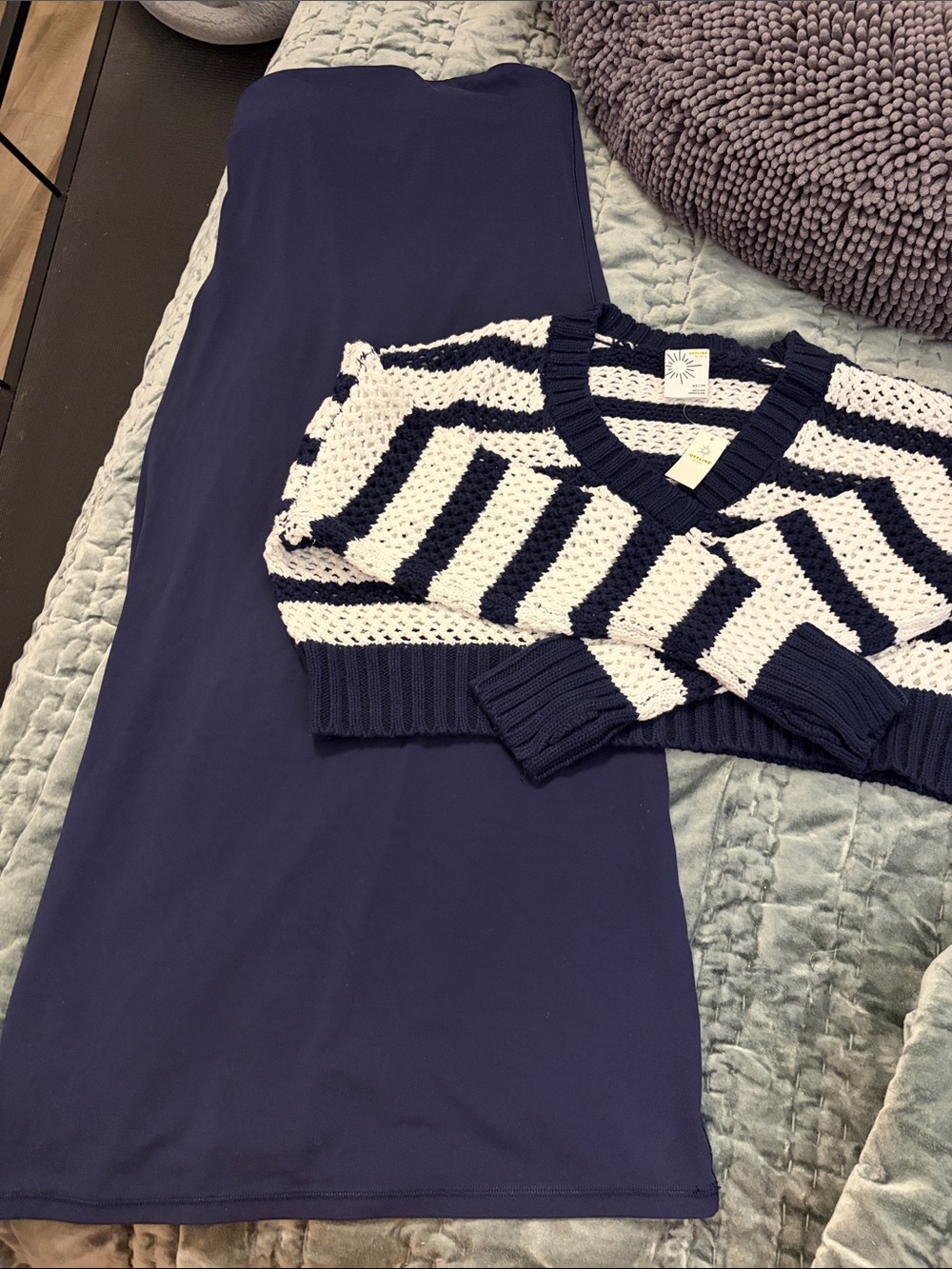 aerie Strapless Maxi Dress in Navy with Cropped Striped Sweater